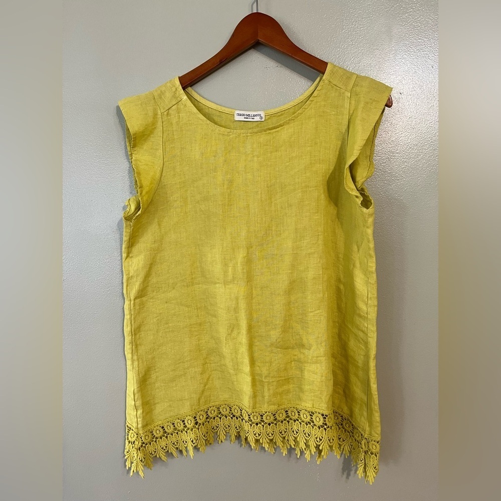 Terzo Millennio Yellow Lime Sleeveless Lace Trim Top 100% Linen Mede In Italy S